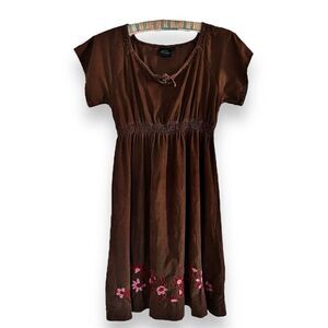 Mini Boden Brown Bohemian Corduroy Long Dress Floral Embroidery Size 10 runs big